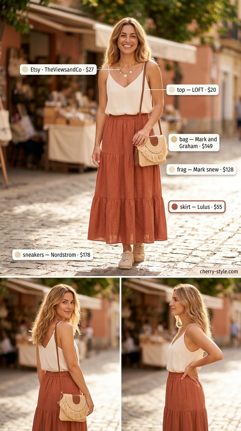 Sporty summer outfits with sneakers for women 2026: Tiered maxi skirt, camisole, and espadrille sneakers for a bohemian look.