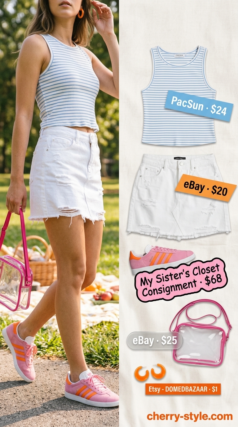 Sporty summer outfits with sneakers for women 2026: Pink & orange color-block sneakers with white denim mini skirt and striped crop top.