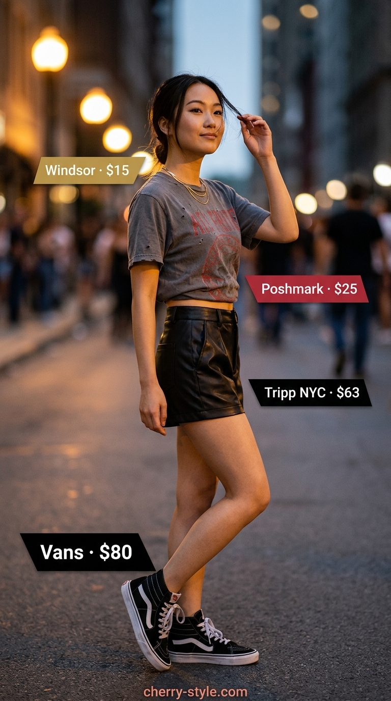 Sporty summer outfits with sneakers for women 2026: Band tee, faux leather shorts, and high-top sneakers for an edgy festival vibe.