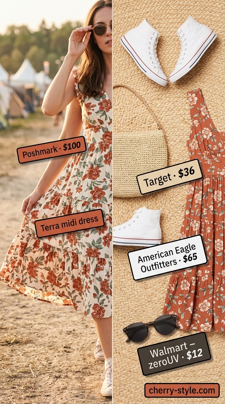 Sporty summer outfits with sneakers for women 2026: Floral sundress with off-white high-top sneakers for a festival look.