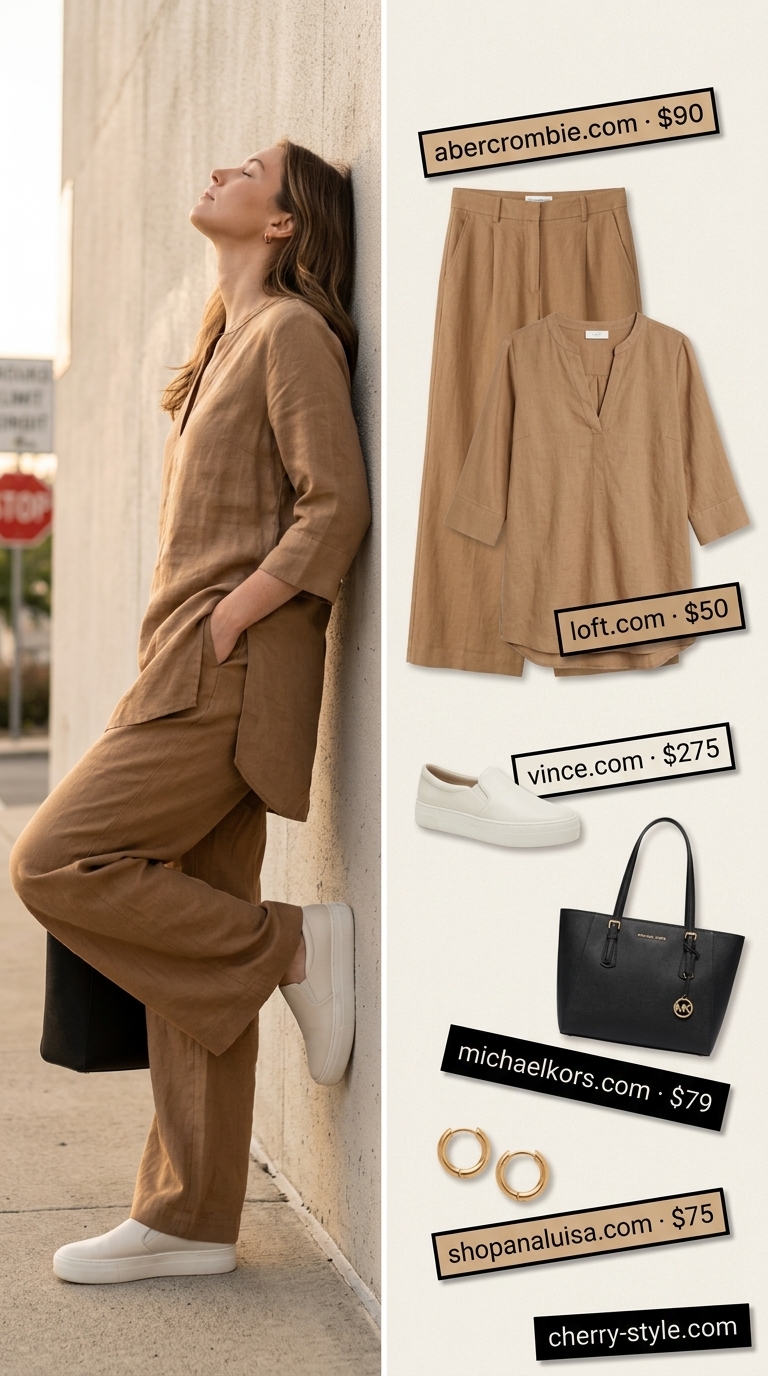 Sporty summer outfits with sneakers for women 2026: Beige linen trousers with black sneakers for a polished look.