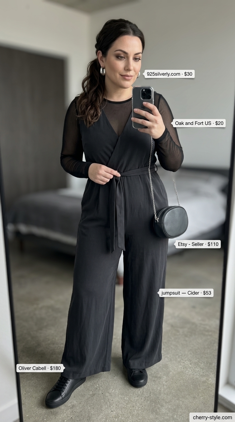 Sporty summer outfits with sneakers for women 2026: Edgy black jumpsuit with mesh top & sleek sneakers for an evening out.