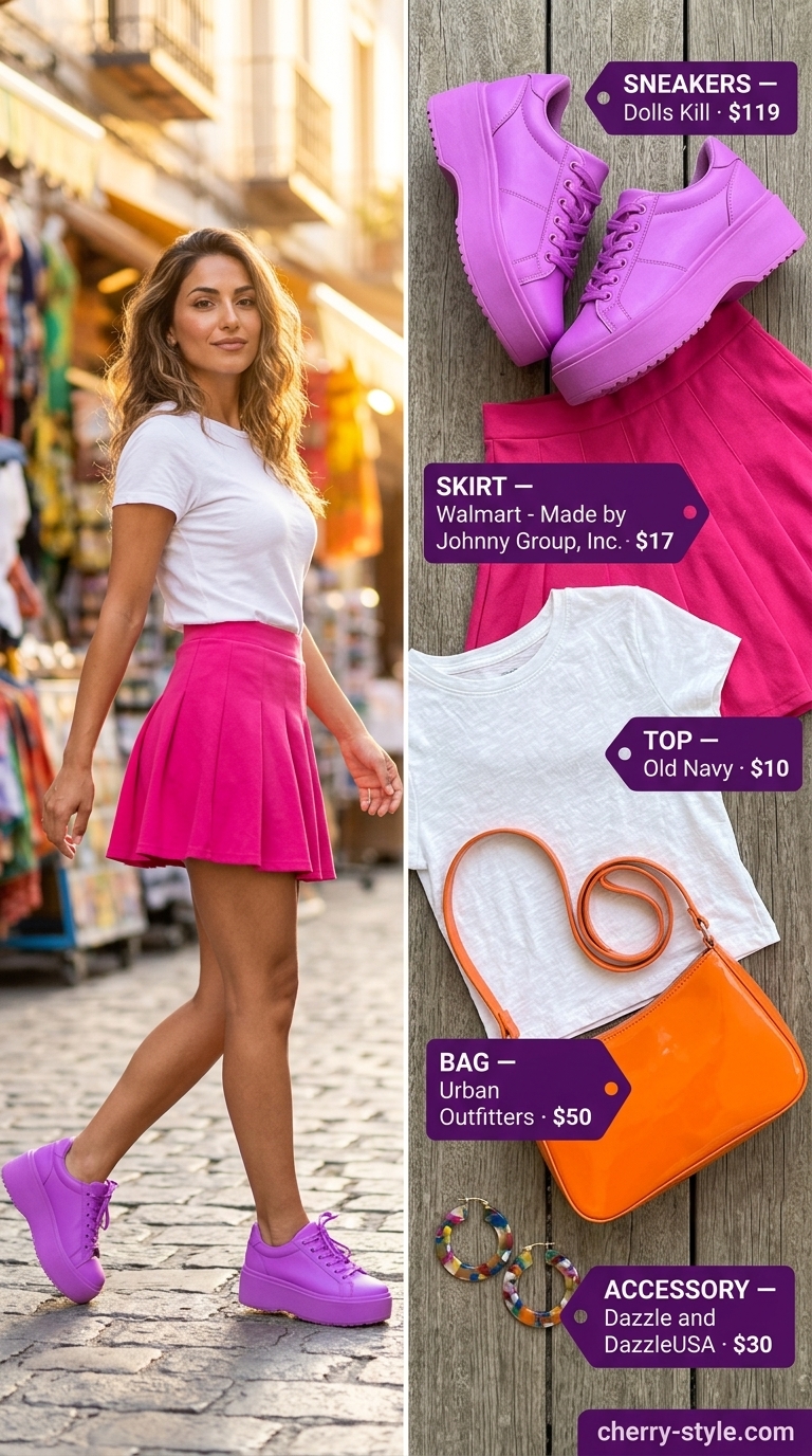 Sporty summer outfits with sneakers for women 2026: A-line mini skirt, graphic tee, and chunky platform trainers for a playful look.