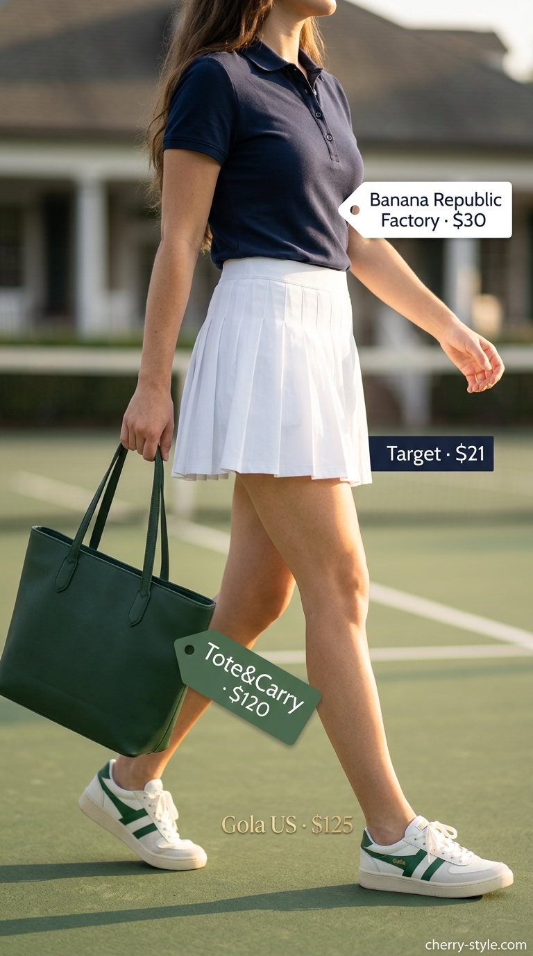 Sporty summer outfits with sneakers for women 2026: Navy polo with white tennis skirt & sneakers for a preppy look.