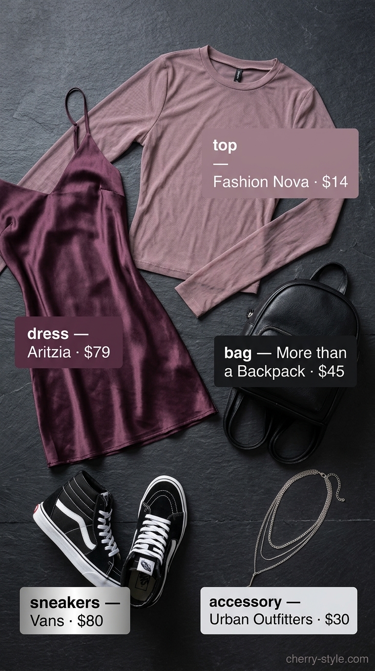 Sporty summer outfits with sneakers for women 2026: Slip dress, mesh top, and high-top sneakers for a summer night rebel look.