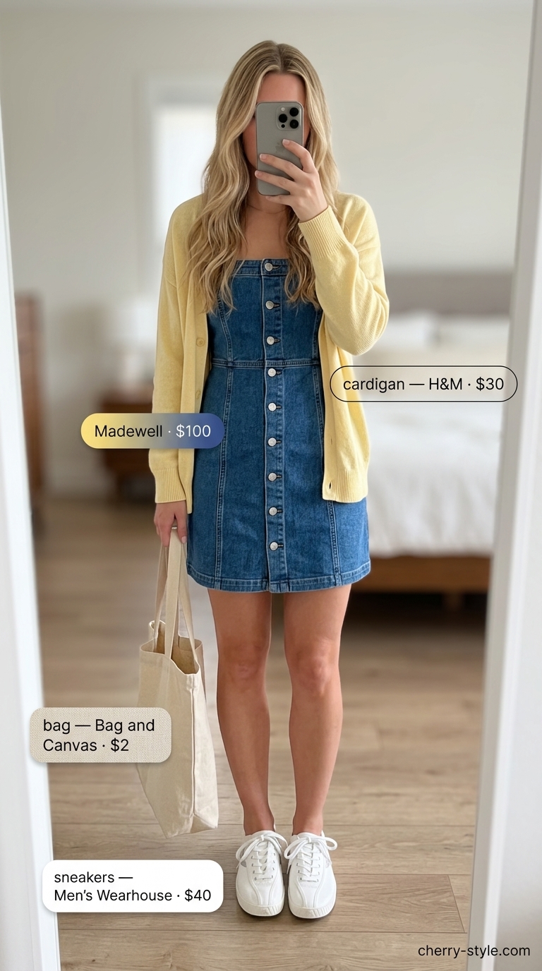 Sporty summer outfits with sneakers for women 2026: Denim mini dress with white sneakers and pastel cardigan for a vintage vibe.