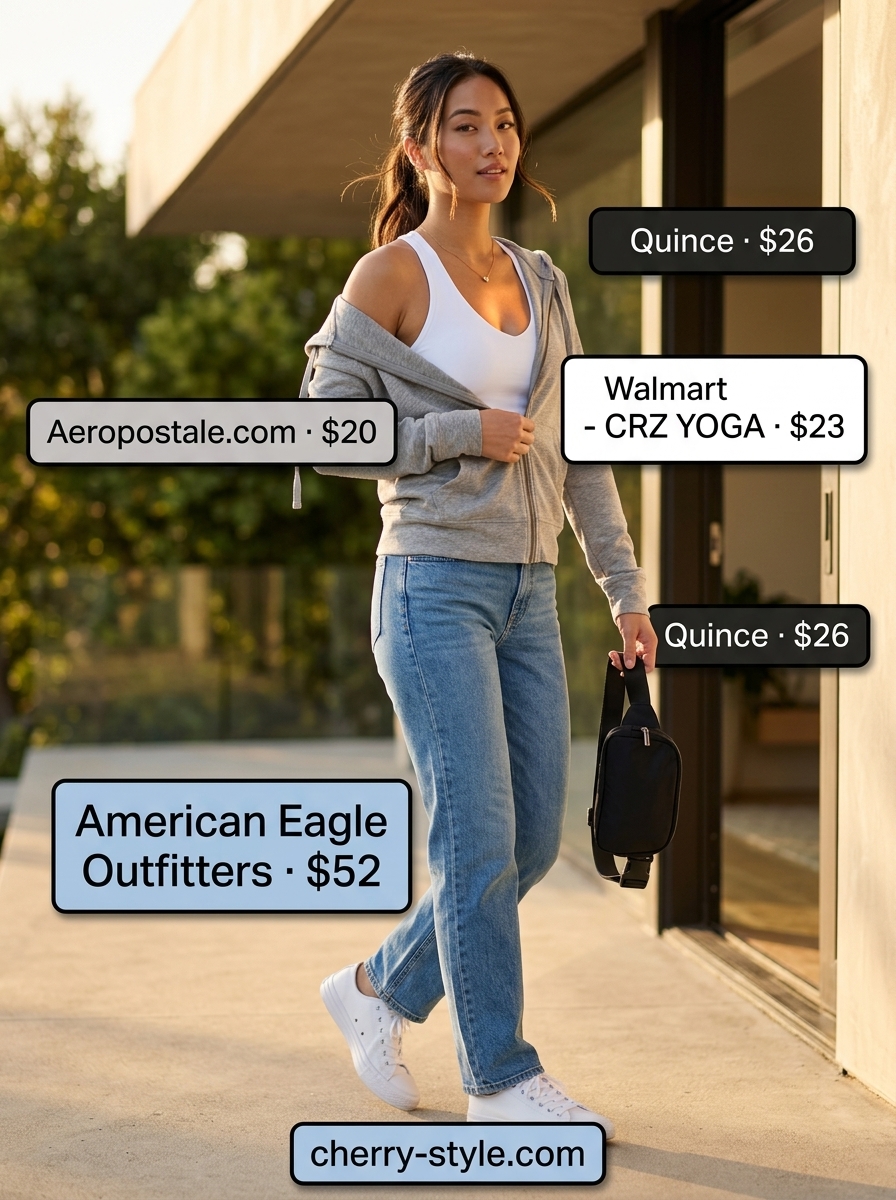 Comfortable athleisure outfit with straight leg jeans, hoodie, and sneakers for summer 2026.