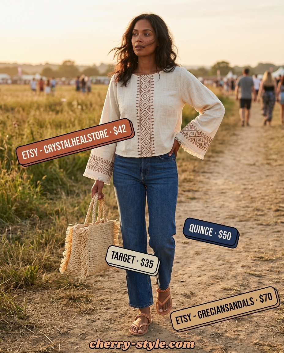 Boho summer straight leg jean outfits summer 2026 with embroidered blouse, raffia bag, and leather sandals.