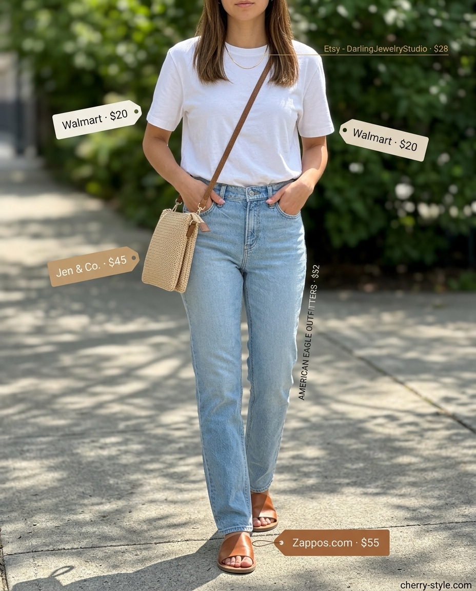 Straight leg jean outfits summer 2026: Casual day out with medium wash jeans, white tee, and straw bag.