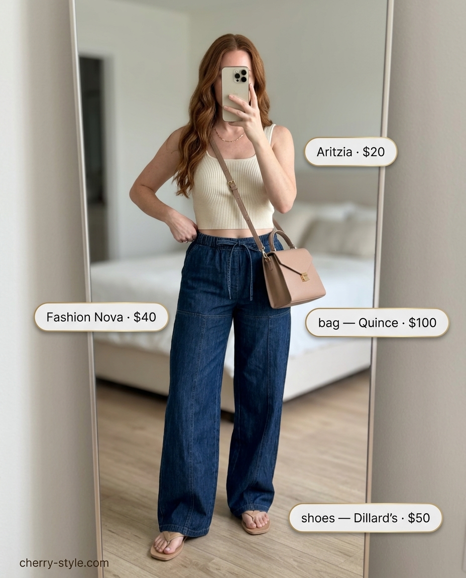 Sophisticated straight leg jean outfits summer 2026 with beige linen pants and cream top.
