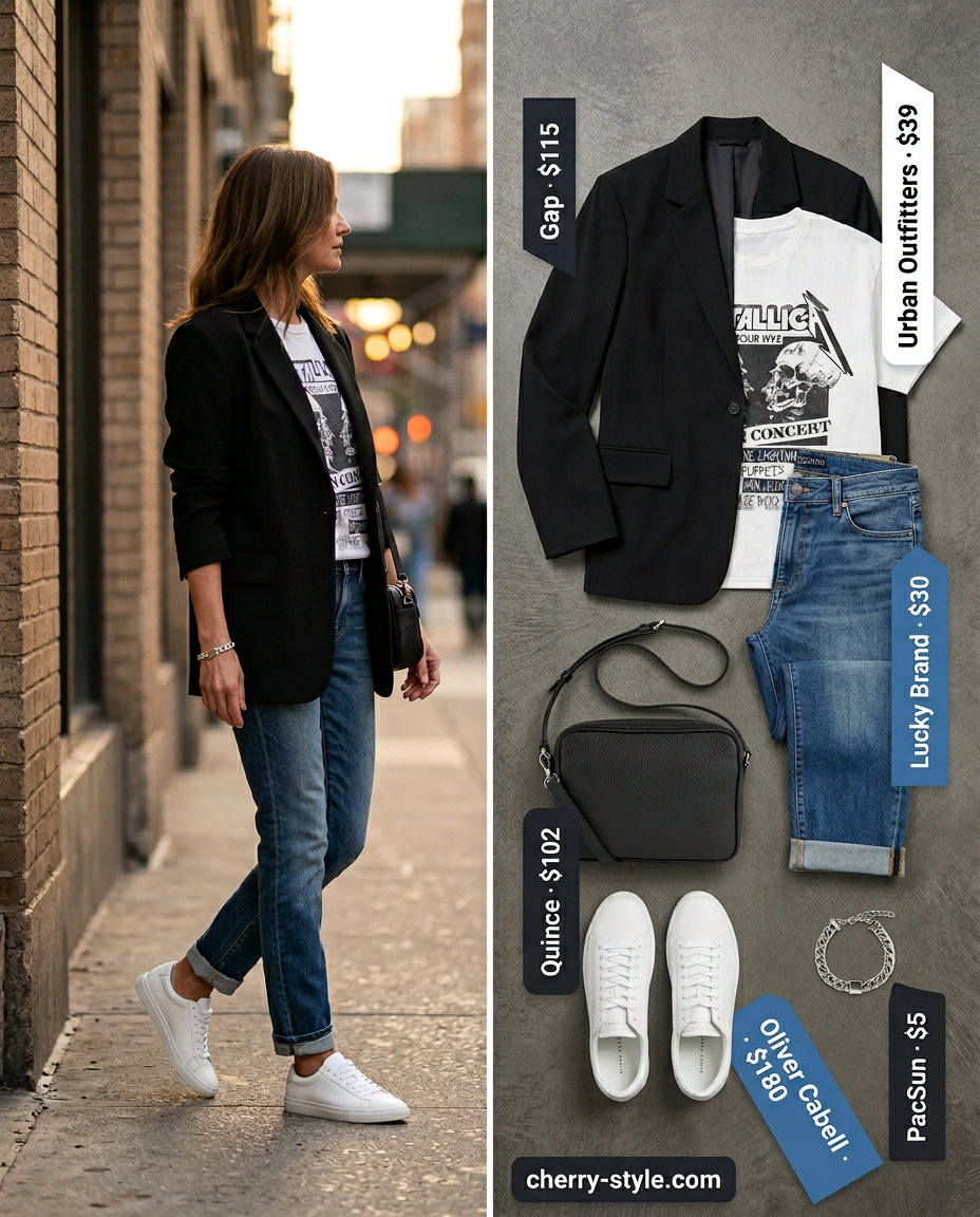 City explorer straight leg jean outfits summer 2026 with oversized blazer, graphic tee, and sneakers.