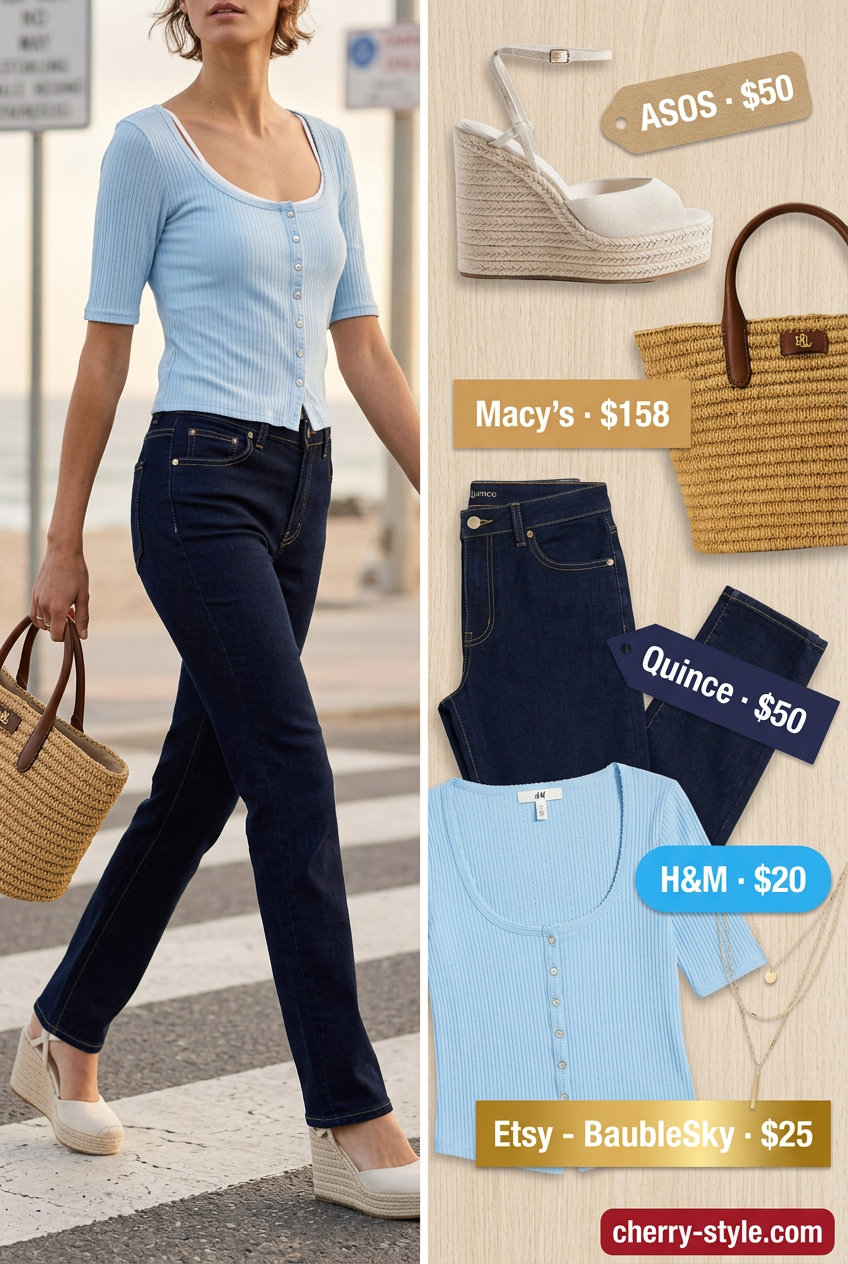 Straight leg jean outfits summer 2026: Coastal chic with dark wash jeans, pale blue knit top, and espadrille wedges.