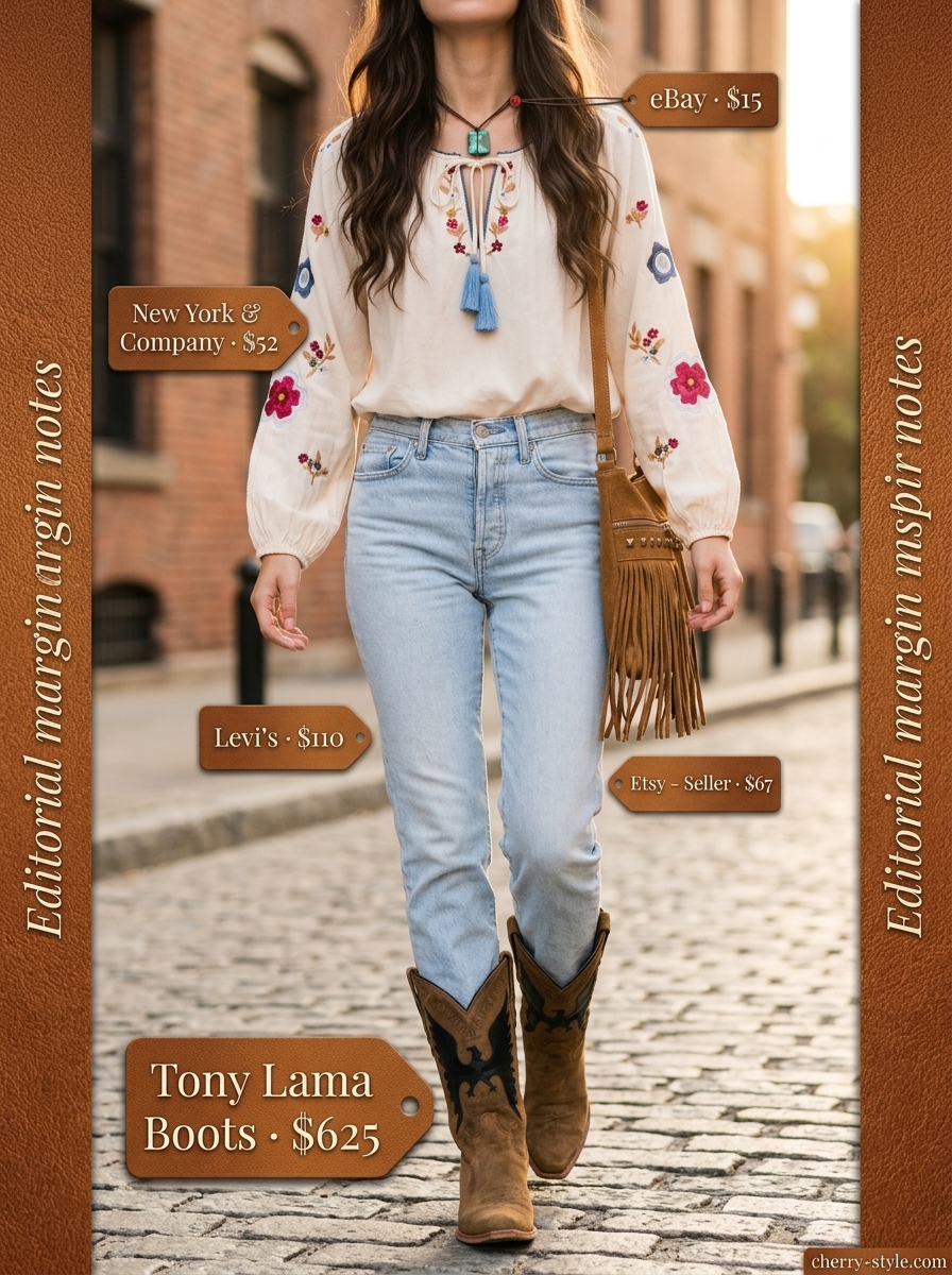Coastal Cowgirl straight leg jean outfits summer 2026 with cowboy boots, cream peasant blouse, and tan fringe bag.