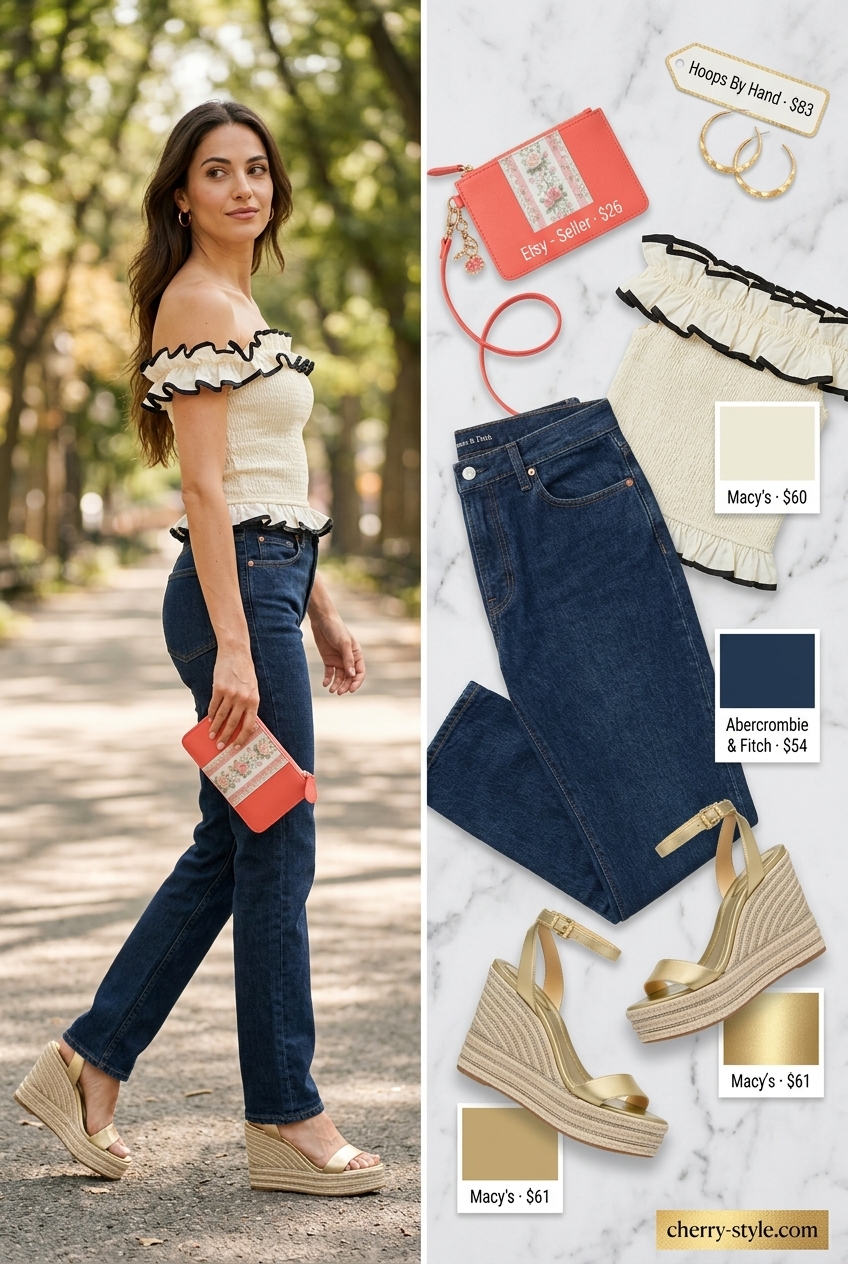 Straight leg jean outfits summer 2026: Chic evening look with dark wash jeans, coral peasant top, and espadrille heels.