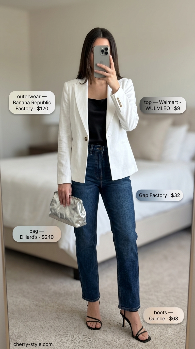 Elevated summer evening straight leg jean outfits summer 2026 with black cami, silver heels, and blazer.