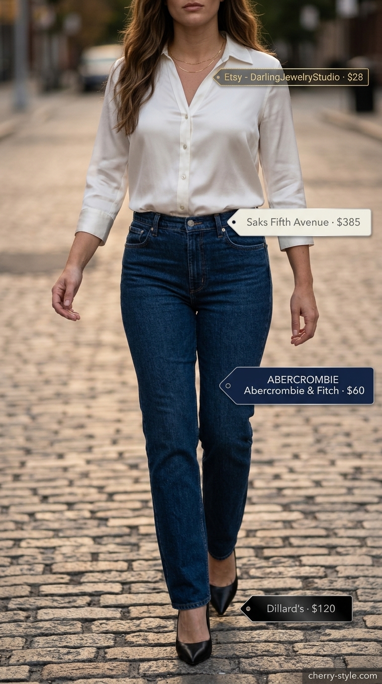 Straight leg jean outfits summer 2026: Modern classic with dark wash jeans, ivory blouse, and black stilettos.