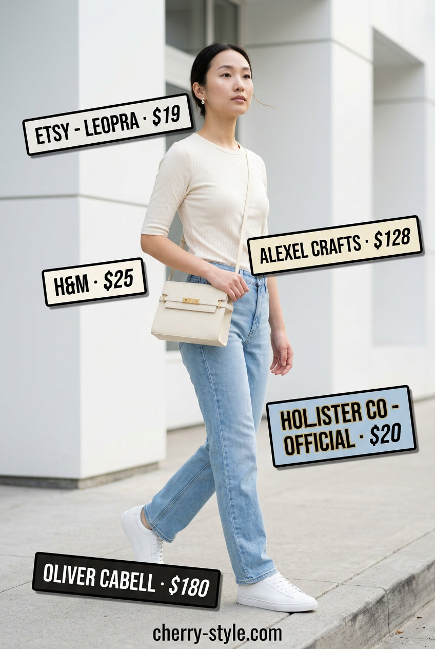 Straight leg jean outfits summer 2026: Monochrome look with light wash jeans, cream knit top, and white sneakers.
