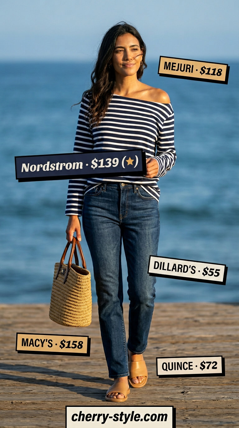Classic summer outfit with straight leg jeans, Breton top, and straw tote for vacation.