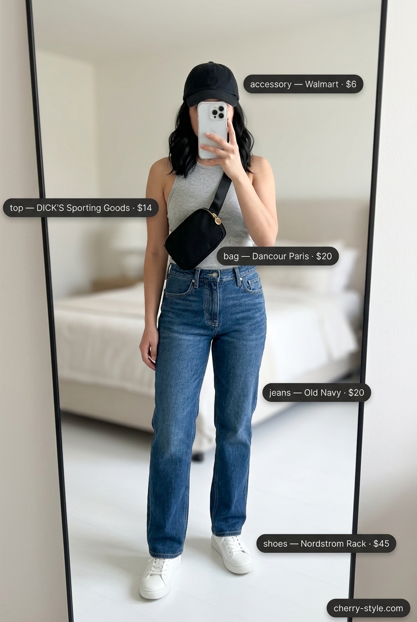 Sporty summer straight leg jean outfits summer 2026 with grey tank, white sneakers, and black belt bag.