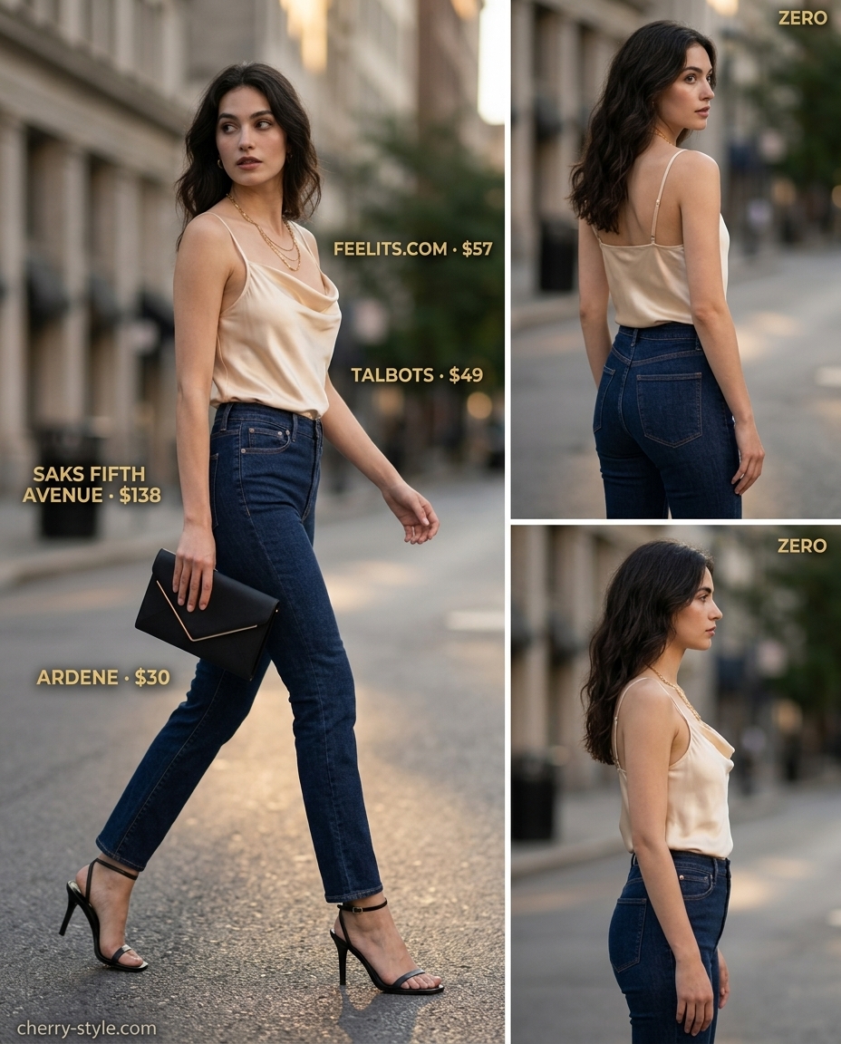 Glamorous summer evening straight leg jean outfits summer 2026 with champagne cami, gold jewelry, and heels.