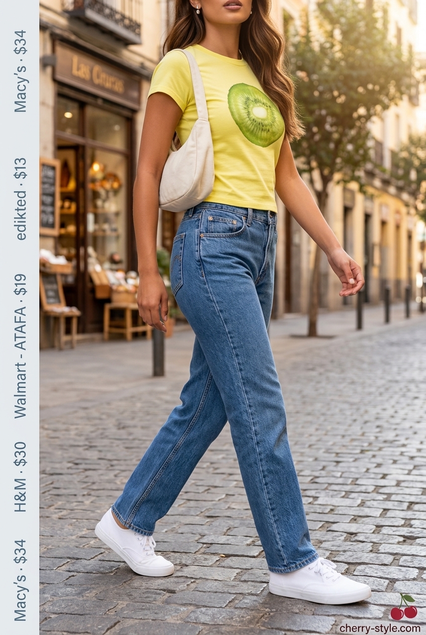 Straight leg jean outfits summer 2026: Sunny day stroll with classic blue jeans, yellow graphic tee, and canvas sneakers.