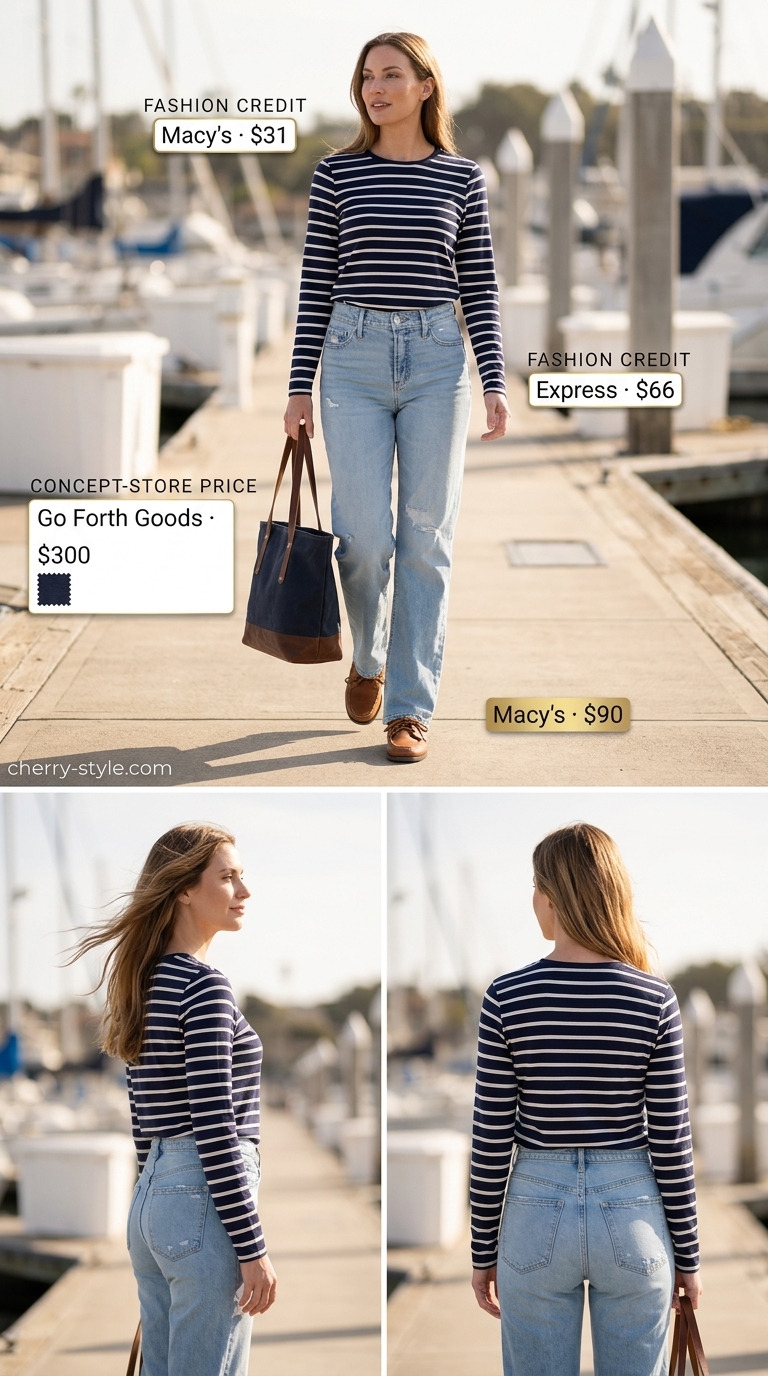 Nautical straight leg jean outfits summer 2026 with Breton stripe tee, boat shoes, and red bandana.