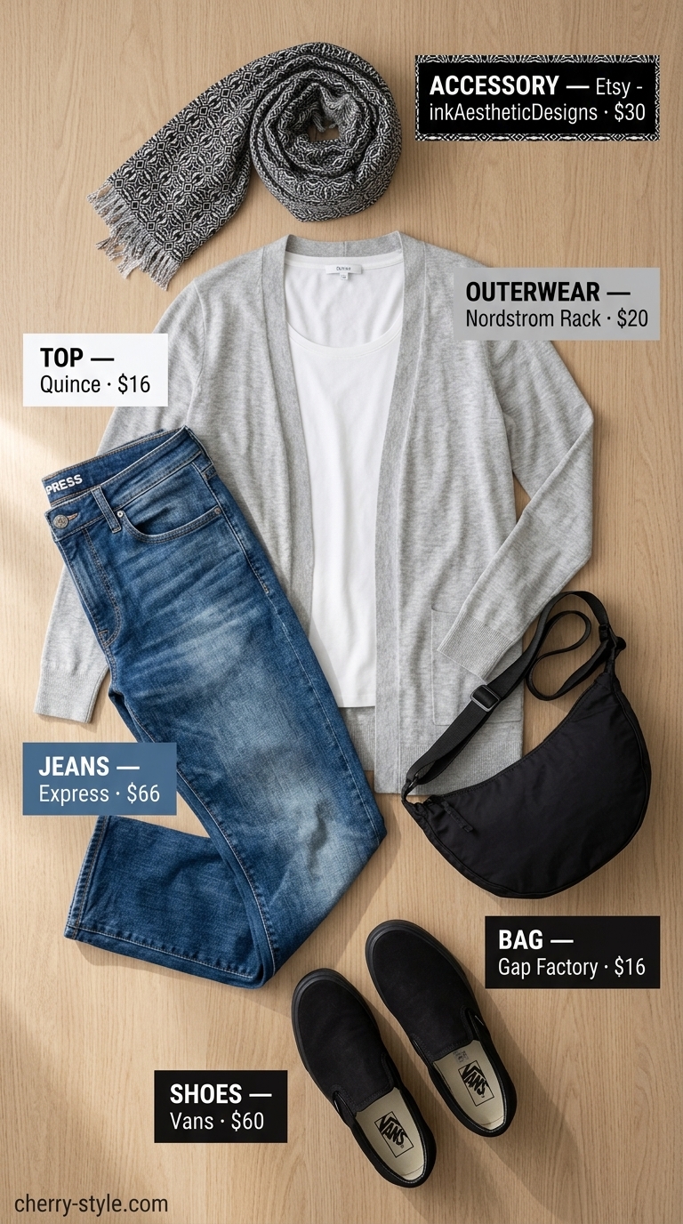 Travel Day comfort straight leg jean outfits summer 2026 with grey cardigan, white tee, and black sneakers.