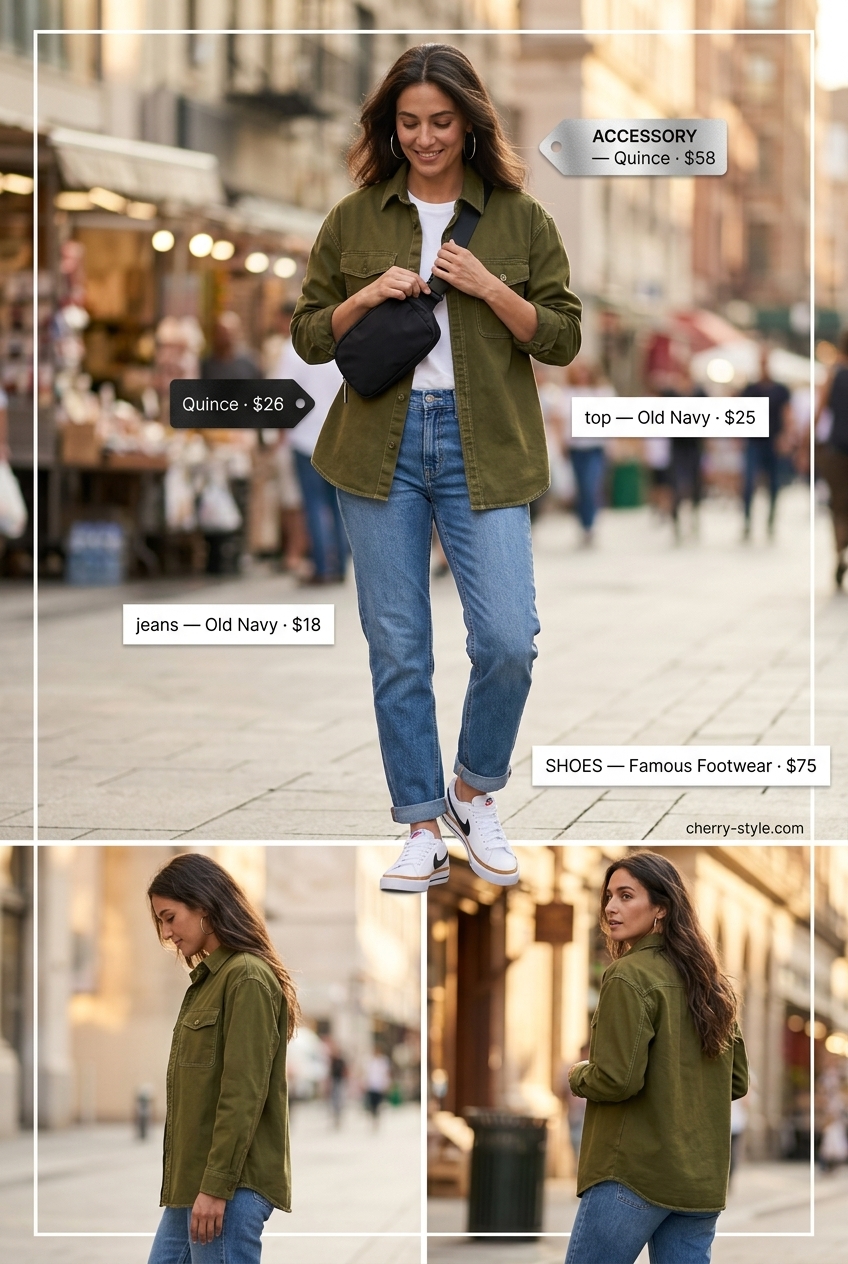 Urban summer outfit with straight leg jeans, olive green shirt, and belt bag for 2026.