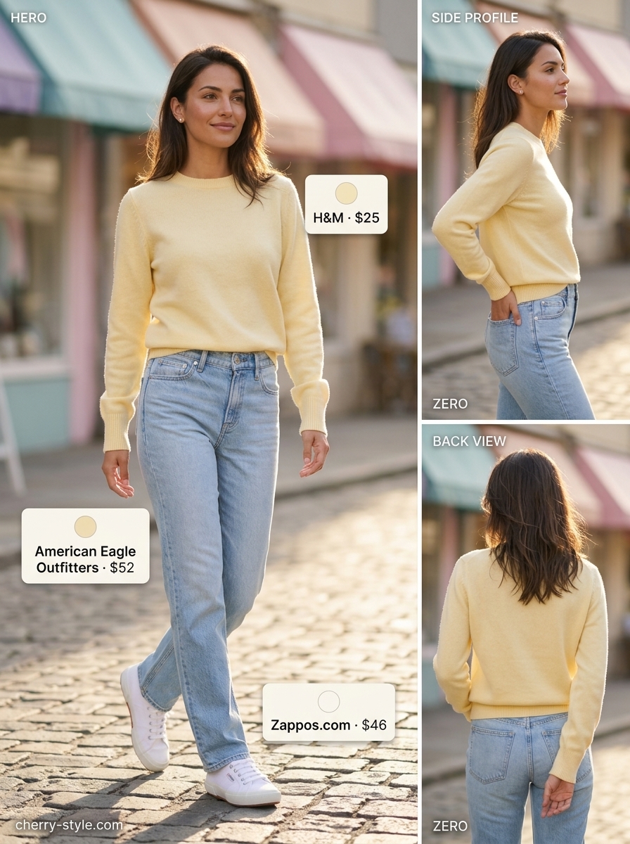 Weekend brunch straight leg jean outfits summer 2026 with light yellow sweater, canvas sneakers, and tote.
