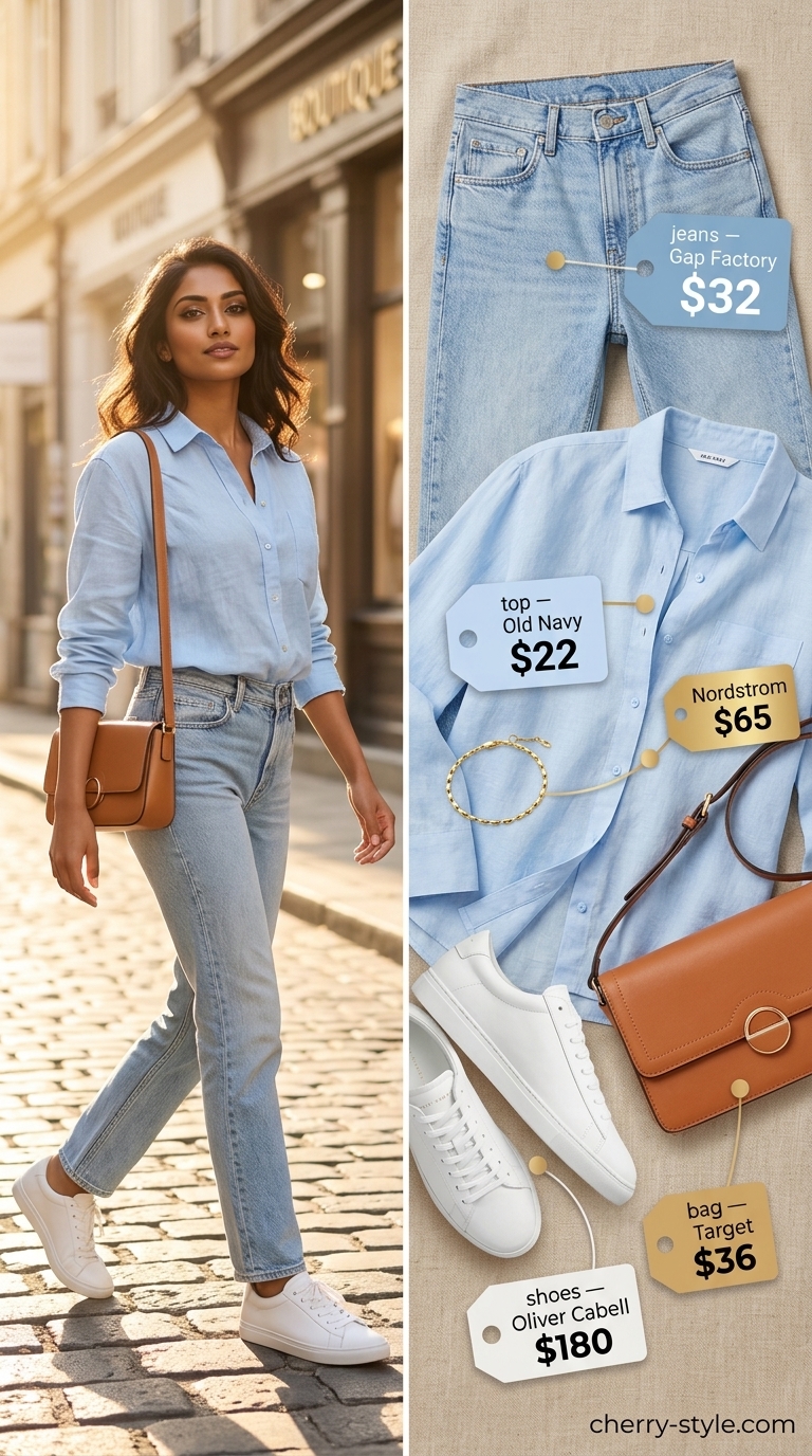 Casual summer outfit with straight leg jeans, linen shirt, and minimalist sneakers for 2026.