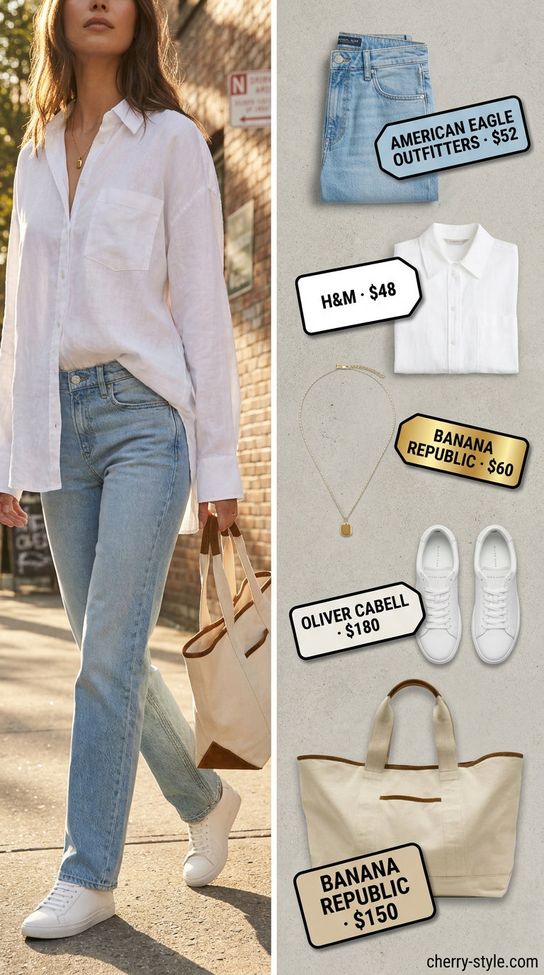 Straight leg jean outfits summer 2026: Relaxed weekend look with light wash jeans, linen shirt, and minimalist sneakers.