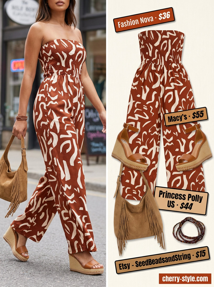 Bohemian print strapless summer jumpsuit outfit 2026 with espadrille wedges and fringe bag.