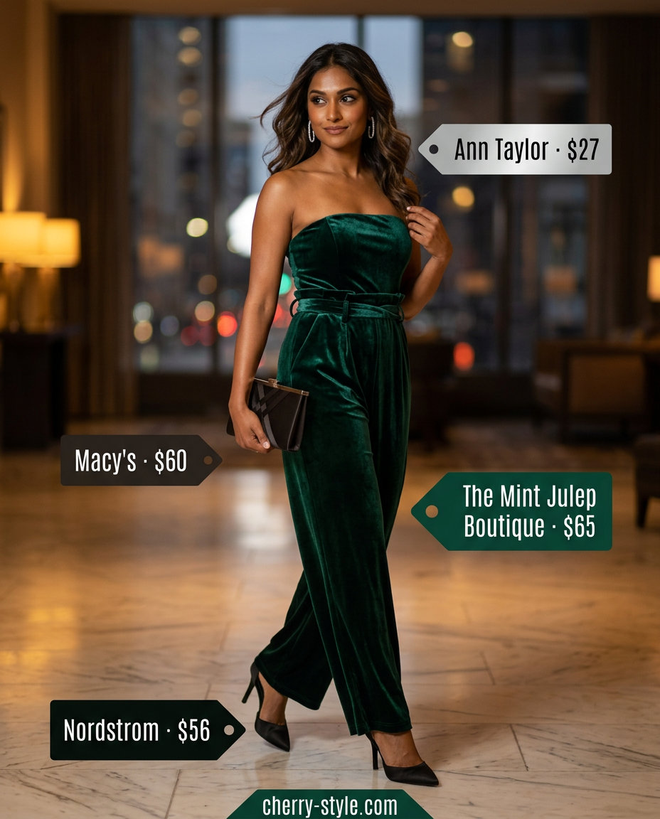 Emerald green velvet strapless jumpsuit outfit 2026 with black heels and silver earrings.