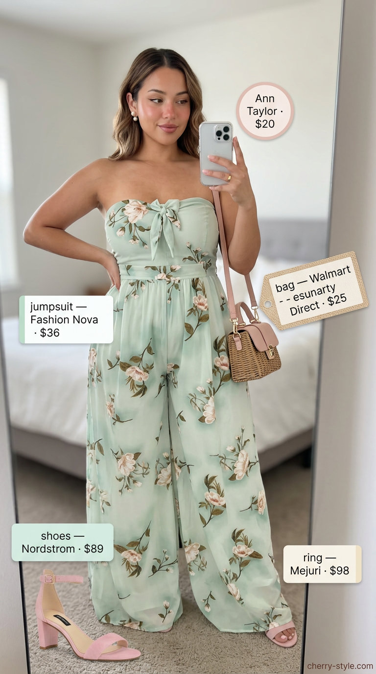 Floral print strapless summer jumpsuit outfit 2026 for a garden party with blush pink sandals.
