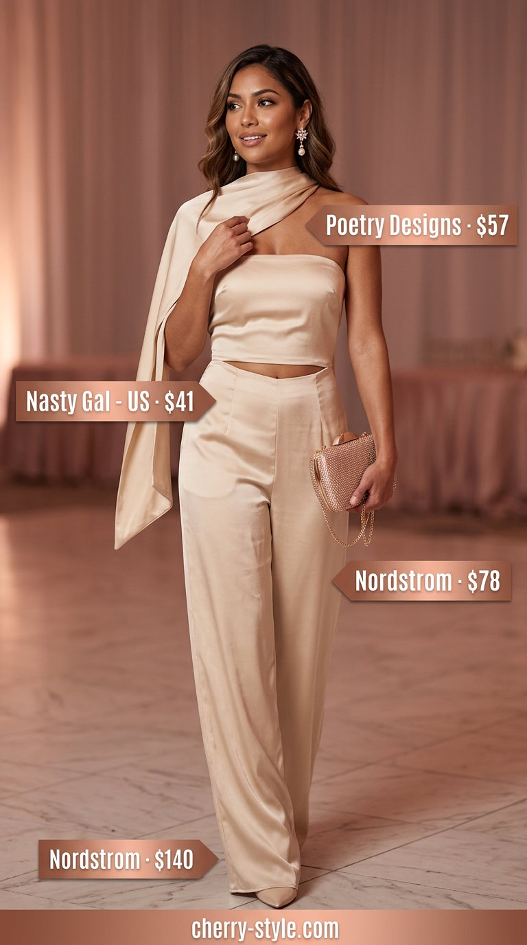 Champagne gold satin strapless jumpsuit outfit 2026 for a formal event with nude heels.