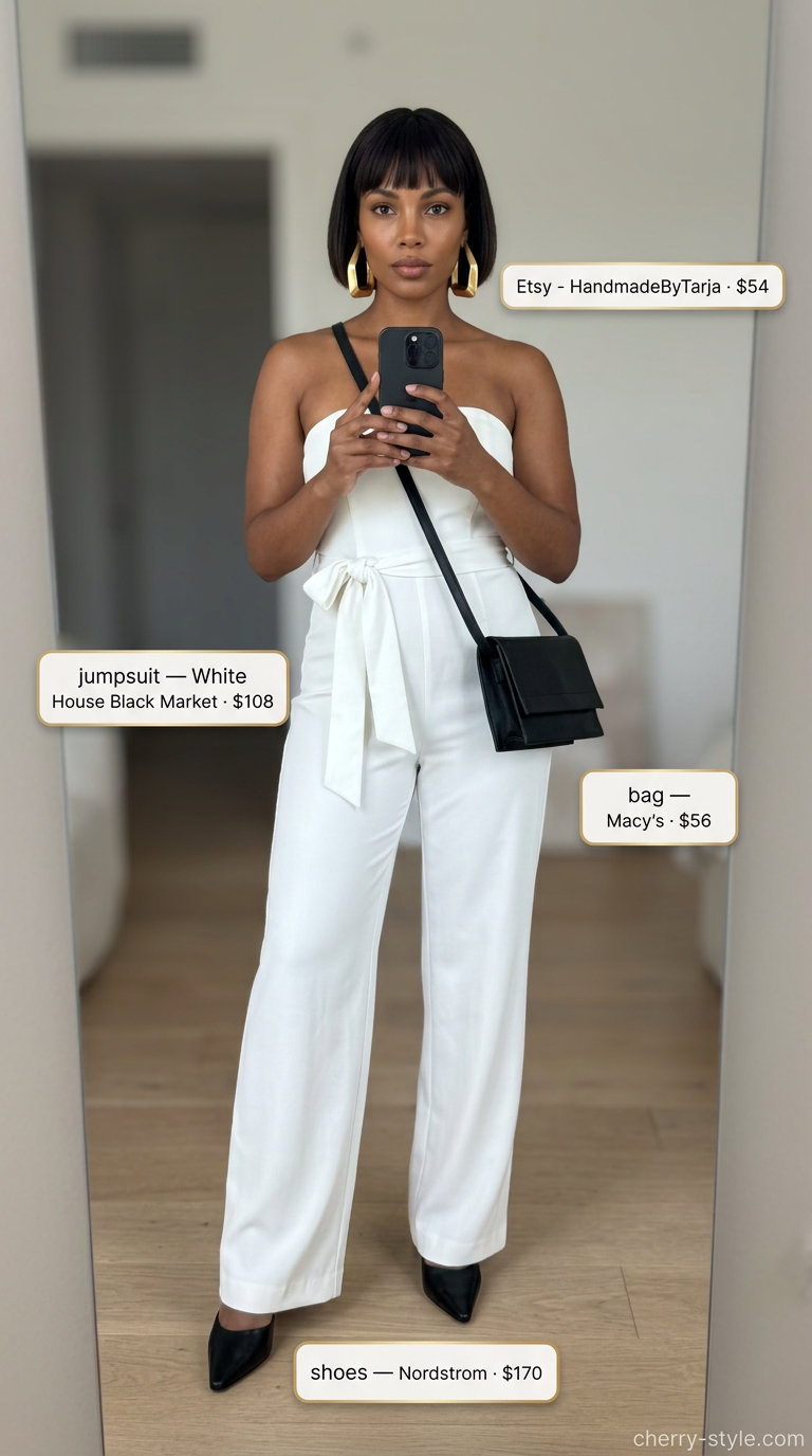 Ivory strapless wide-leg jumpsuit outfit 2026 with black mules and gold earrings for a minimalist look.