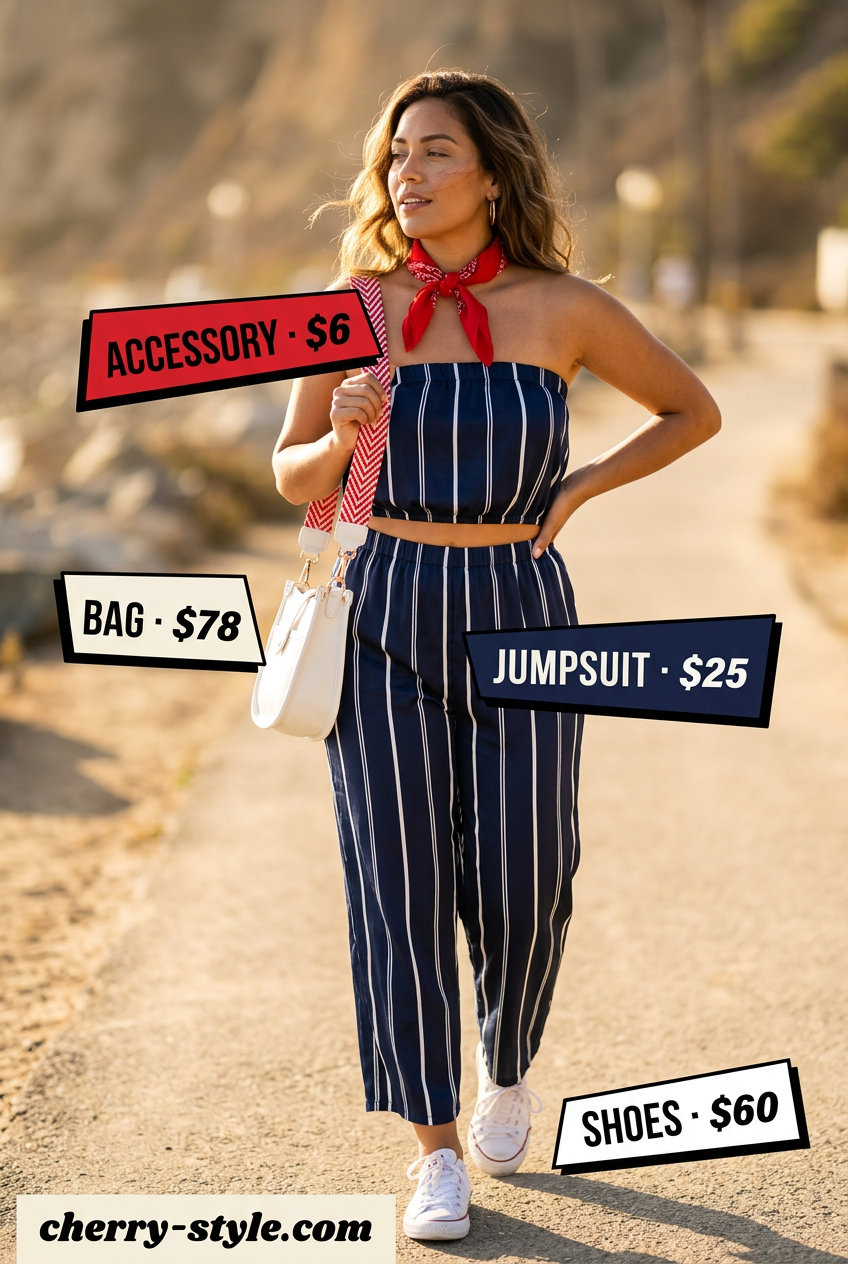 Navy and white striped strapless summer jumpsuit outfit 2026 with white sneakers and red bandana.