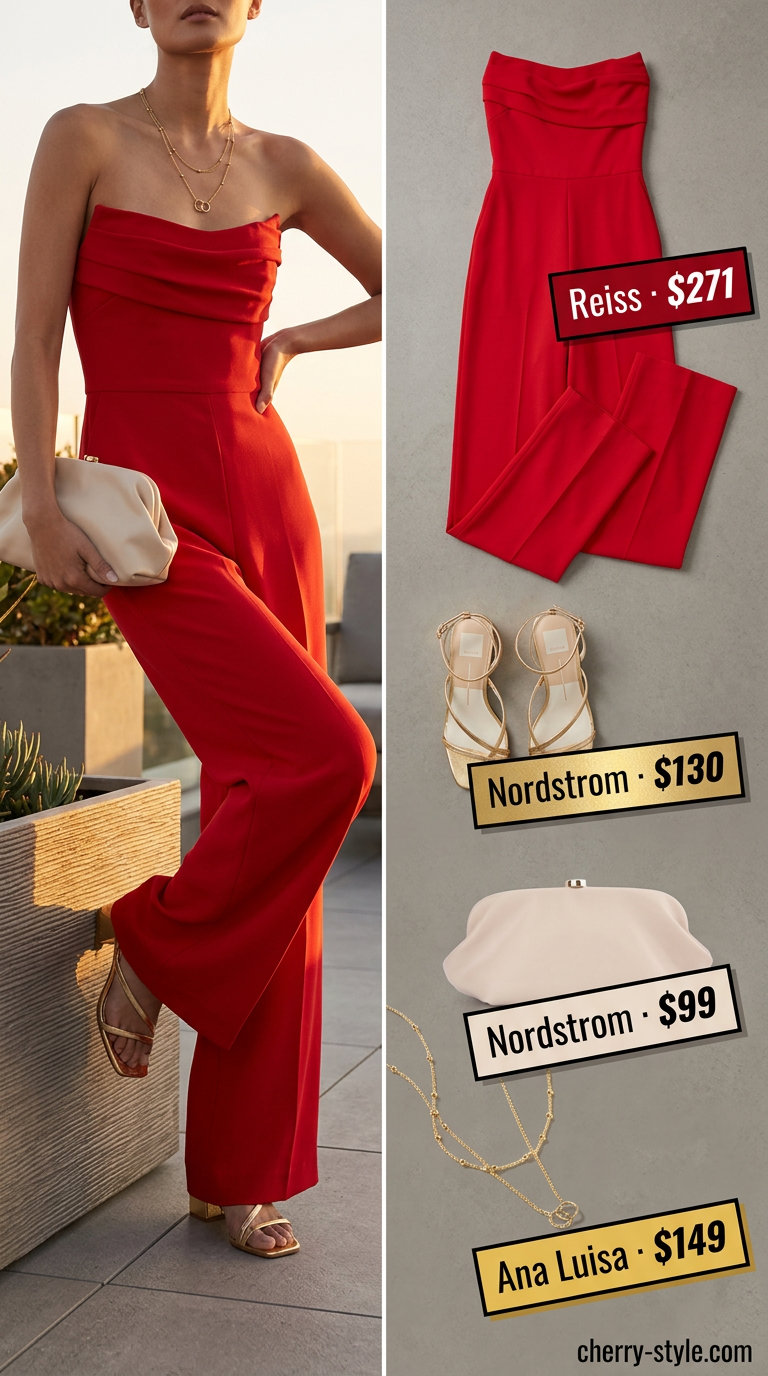 Terracotta strapless jumpsuit outfit 2026 with gold heels and layered necklaces for an evening out.