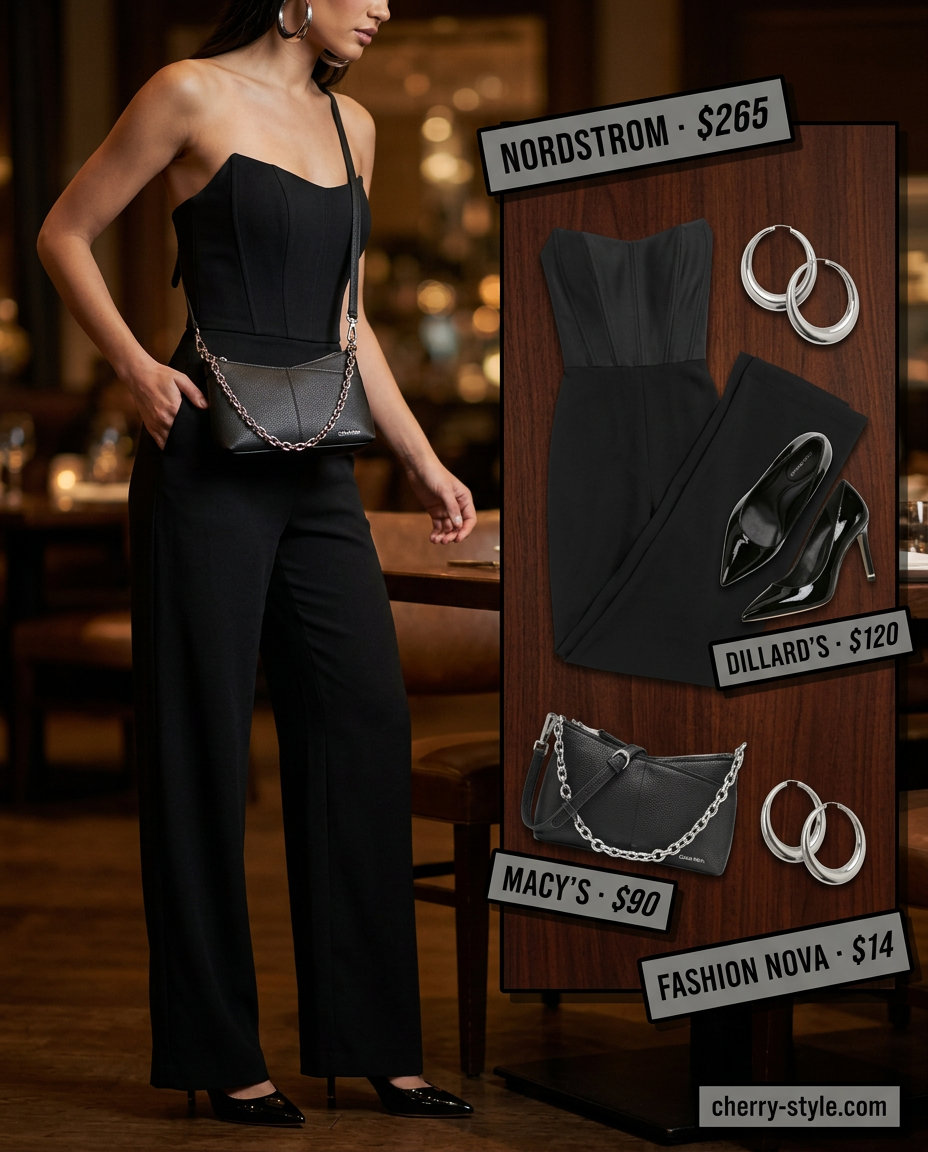 Black strapless tailored jumpsuit outfit 2026 with silver hoops and black pumps for a night out.