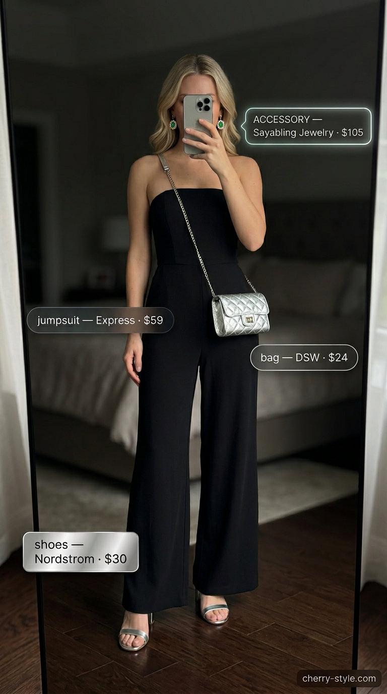 Edgy black metallic strapless jumpsuit outfit for women 2026, perfect for city nights.