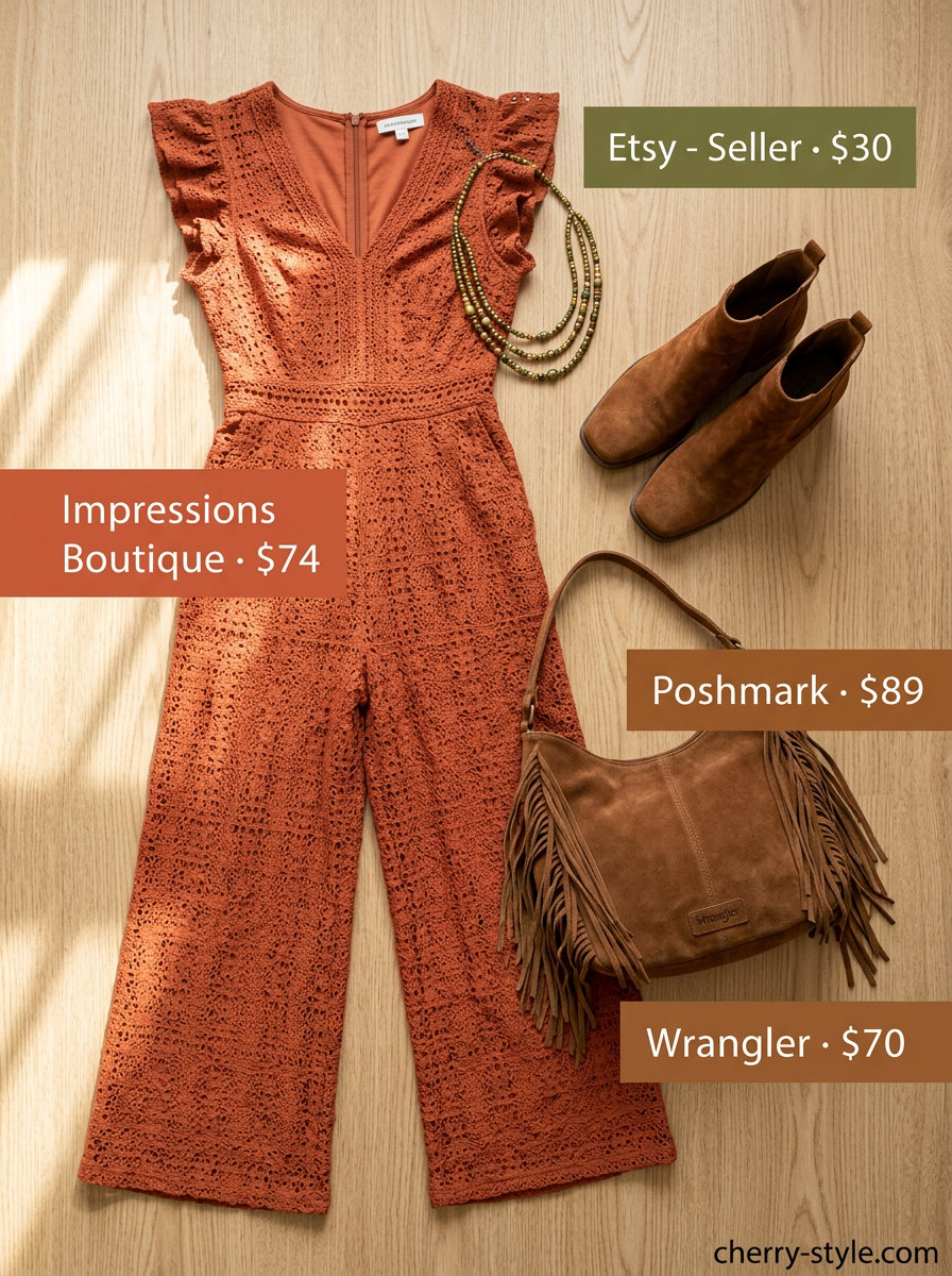 Boho strapless summer jumpsuit outfits for women 2026: Terracotta linen jumpsuit with crochet, suede boots & fringe bag for festivals.