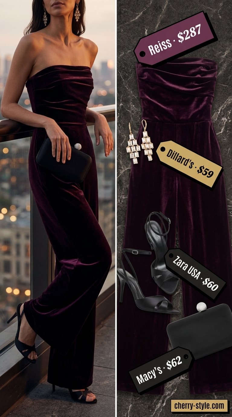 Luxurious burgundy velvet strapless summer jumpsuit outfit for women 2026, for evening glamour.