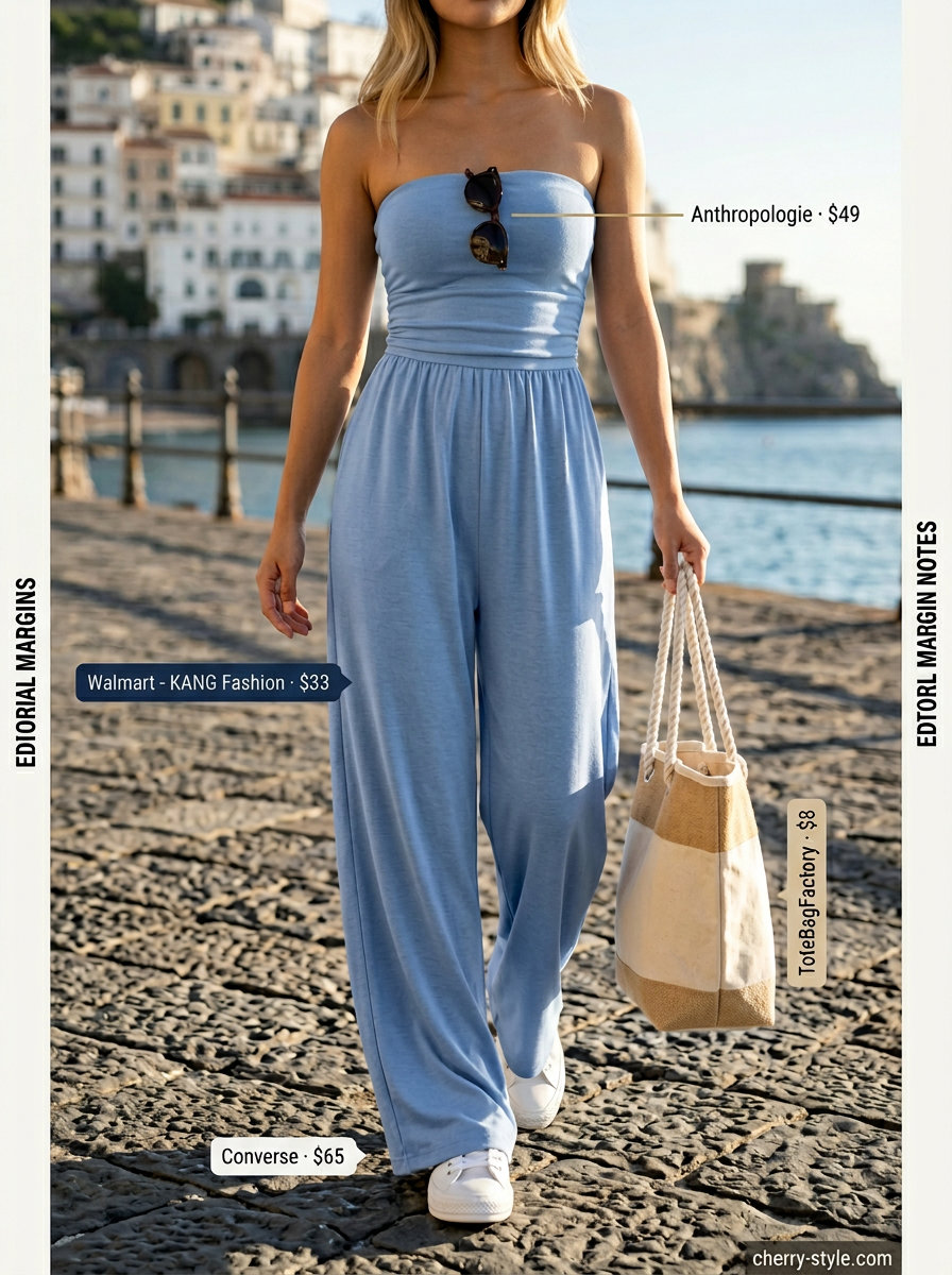 Relaxed strapless summer jumpsuit outfits for women 2026: Sky blue jumpsuit with white sneakers and canvas tote for beach days.