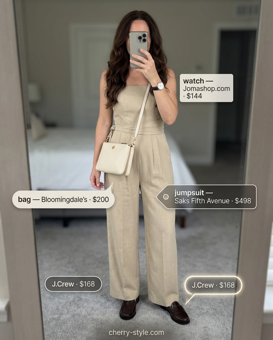 Chic strapless summer jumpsuit outfits for women 2026: Beige Tencel jumpsuit with leather loafers and crossbody bag for city exploration.