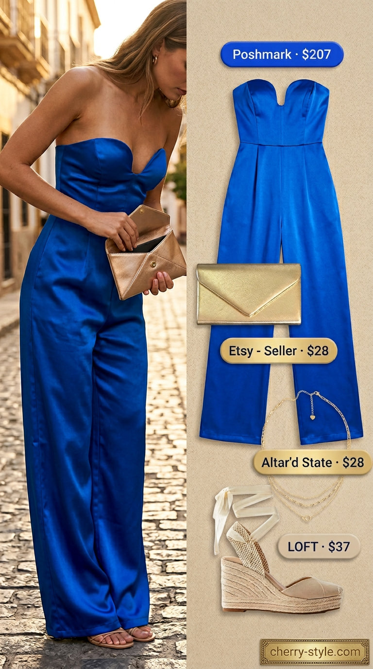 Vibrant cobalt blue strapless summer jumpsuit outfit for women 2026, for evening events.