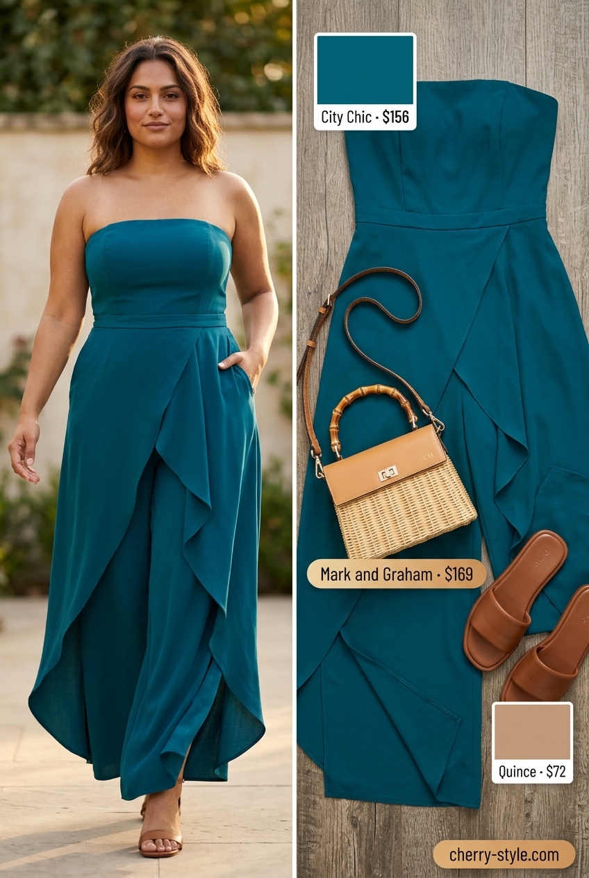 Bold emerald green linen strapless summer jumpsuit outfit for women 2026, for parties.