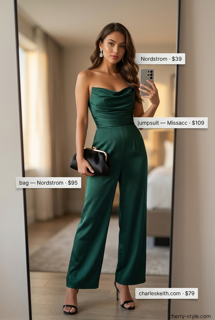 Luxurious strapless summer jumpsuit outfits for women 2026: Emerald green satin jumpsuit with black heels and diamond earrings for formal events.