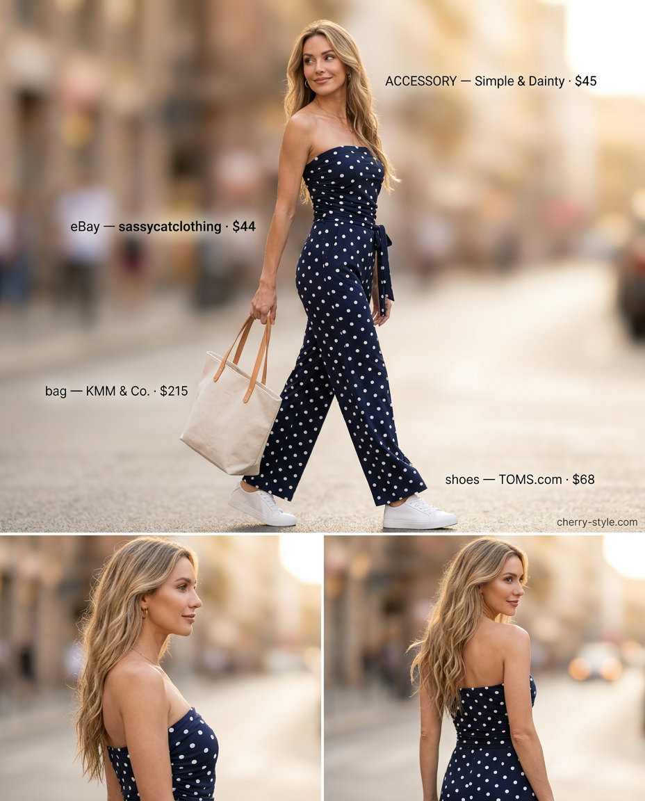 Navy and white polka dot strapless summer jumpsuit outfit for women 2026, perfect for casual days.