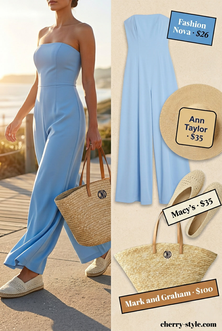Airy sky blue strapless summer jumpsuit outfit for women 2026, perfect for beach days.