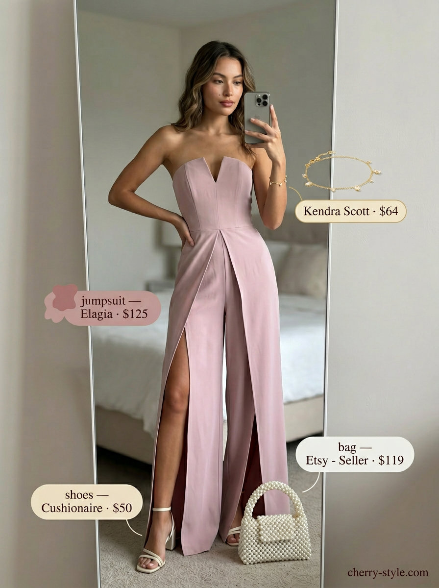 Soft strapless summer jumpsuit outfits for women 2026: Blush pink textured jumpsuit with pearl clutch and gold bracelet for evenings.